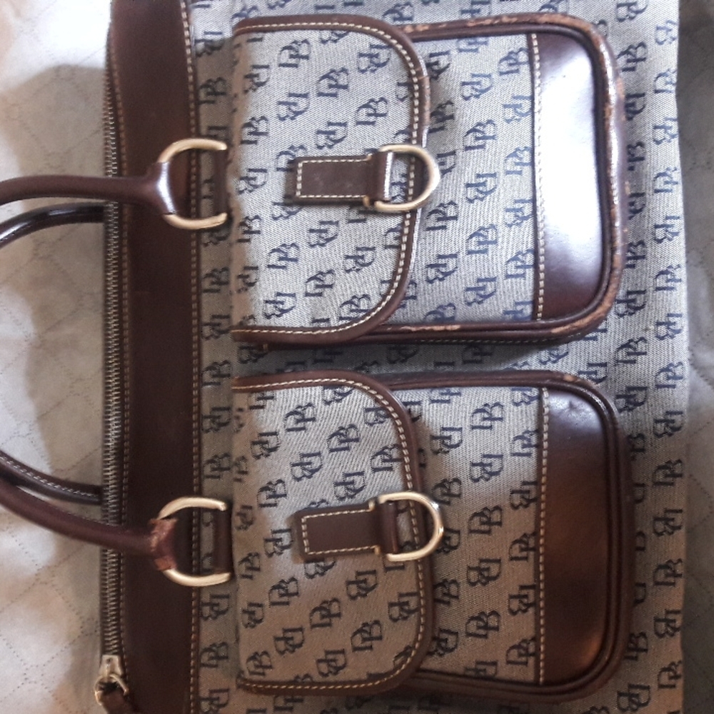 Dooney & Bourke Blue and Brown Monogram Double pocket Tote Satchel Handbag
